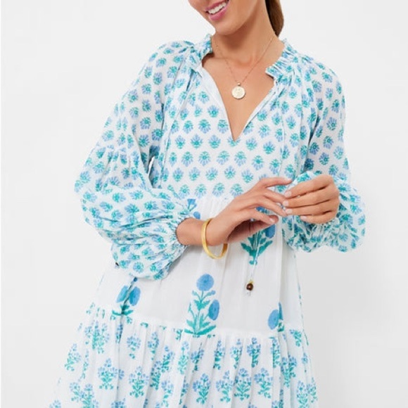 OLIPHANT
Exclusive Blue Floral Balloon Sleeve Short Mini Dress
 Women's Large - Picture 3 of 11